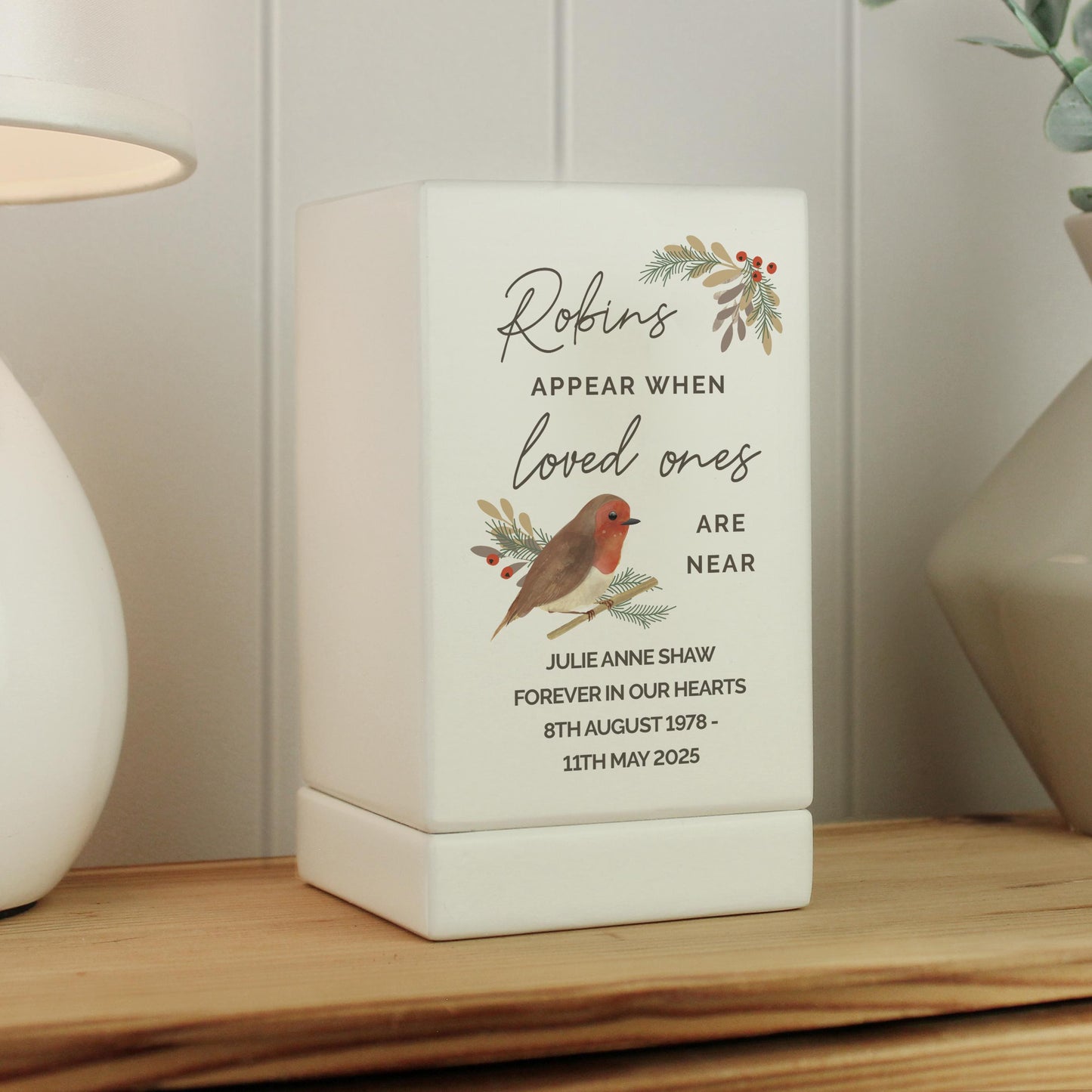 Personalised Robins Appear Small Wooden Urn keepsake Decor