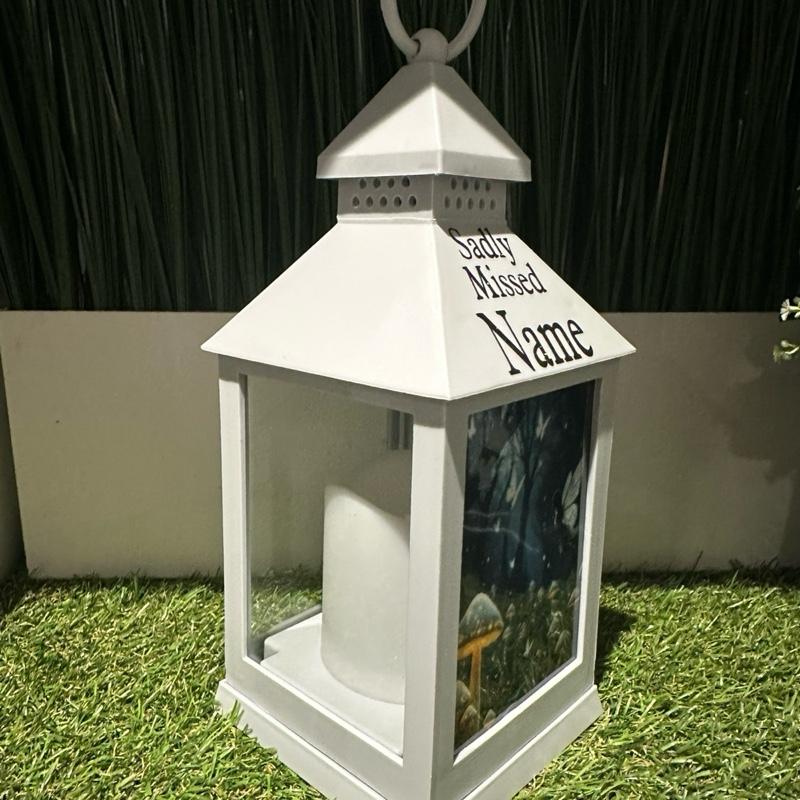 Personalised - enchanted firefly forest design outdoor grey lantern with glitter detail & 6 hour timer