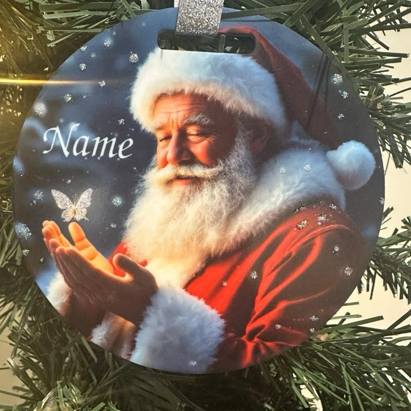 Santa & butterfly Christmas tree bauble acrylic glitter detail