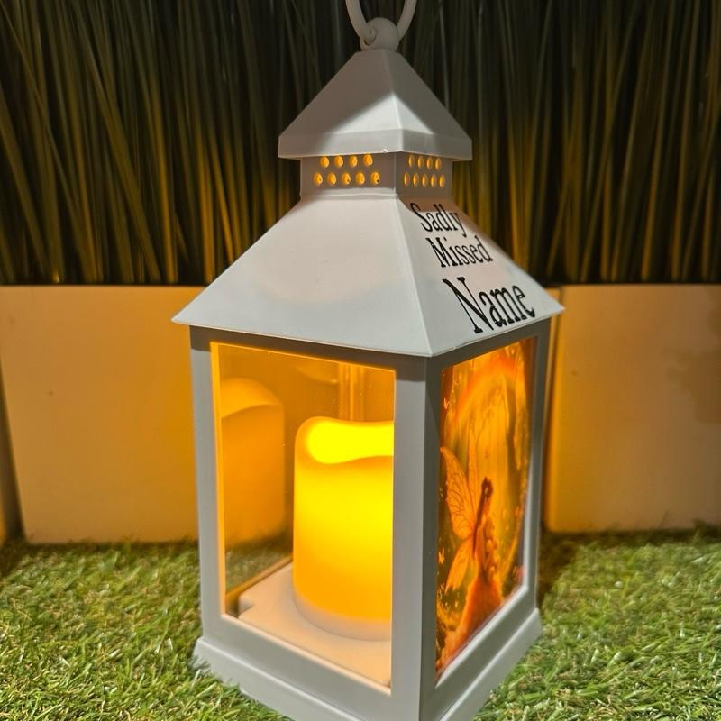 Personalised - fairy & rainbow design outdoor grey lantern with glitter detail & 6 hour timer