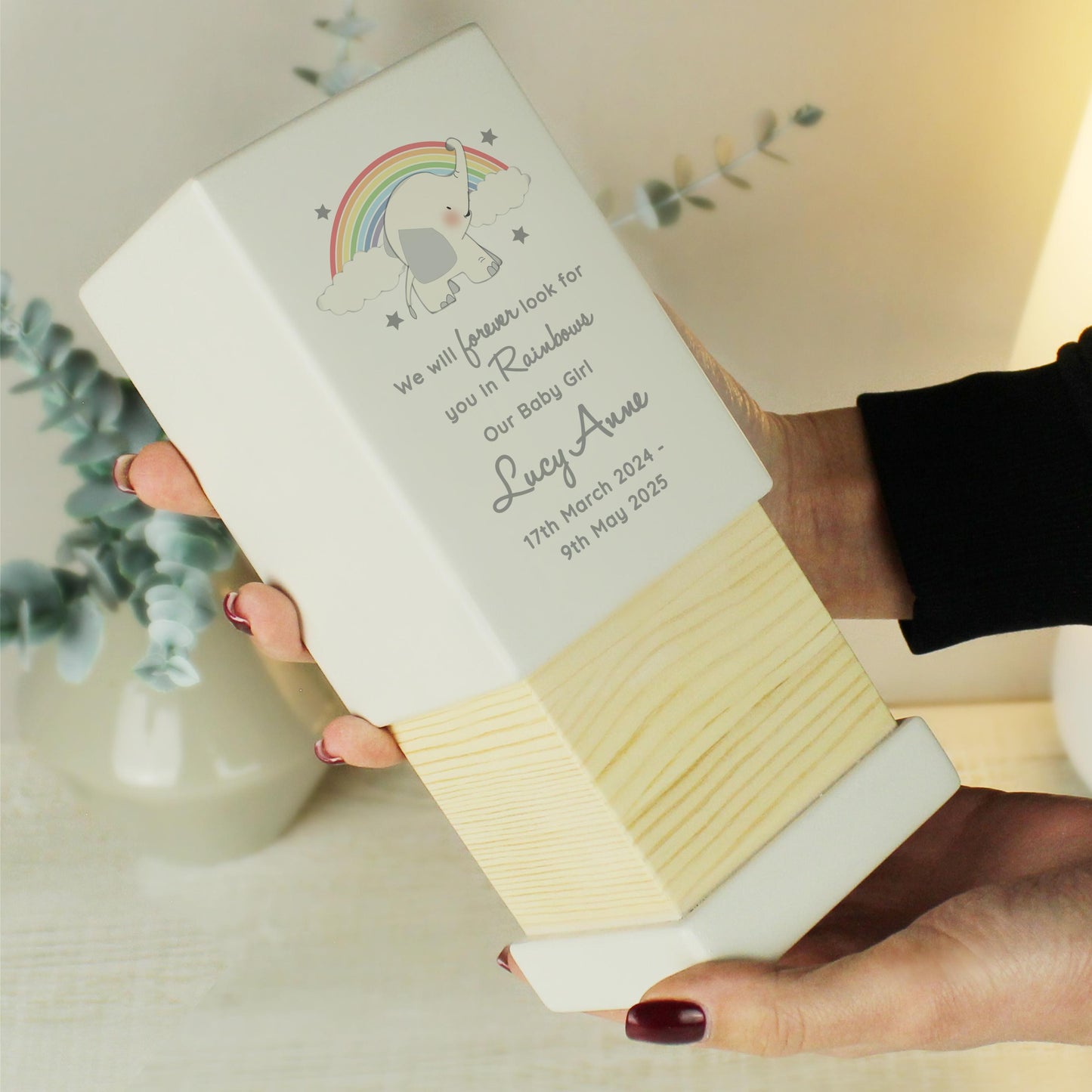Personalised Childs Rainbow Elephant Memorial Small Wooden Urn