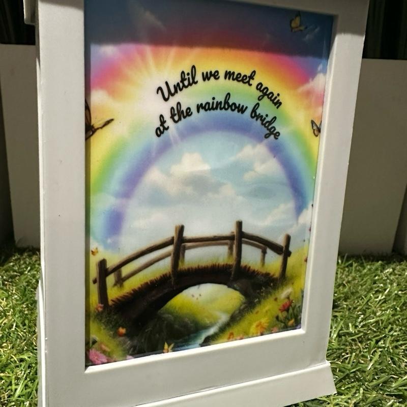 Personalised - Rainbow bridge memorial grey & glitter outdoor lantern with timer
