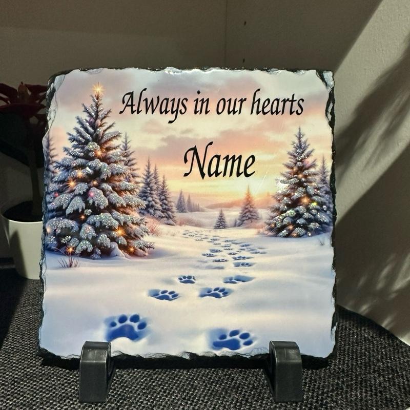 Personalised pet paw prints Christmas outdoor slate with glitter