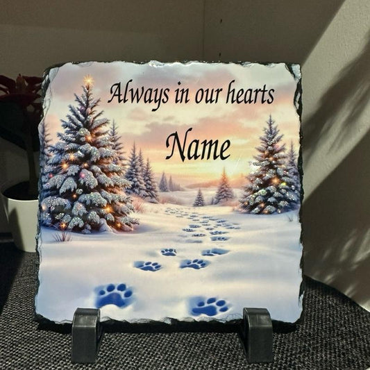 Personalised pet paw prints Christmas outdoor slate with glitter