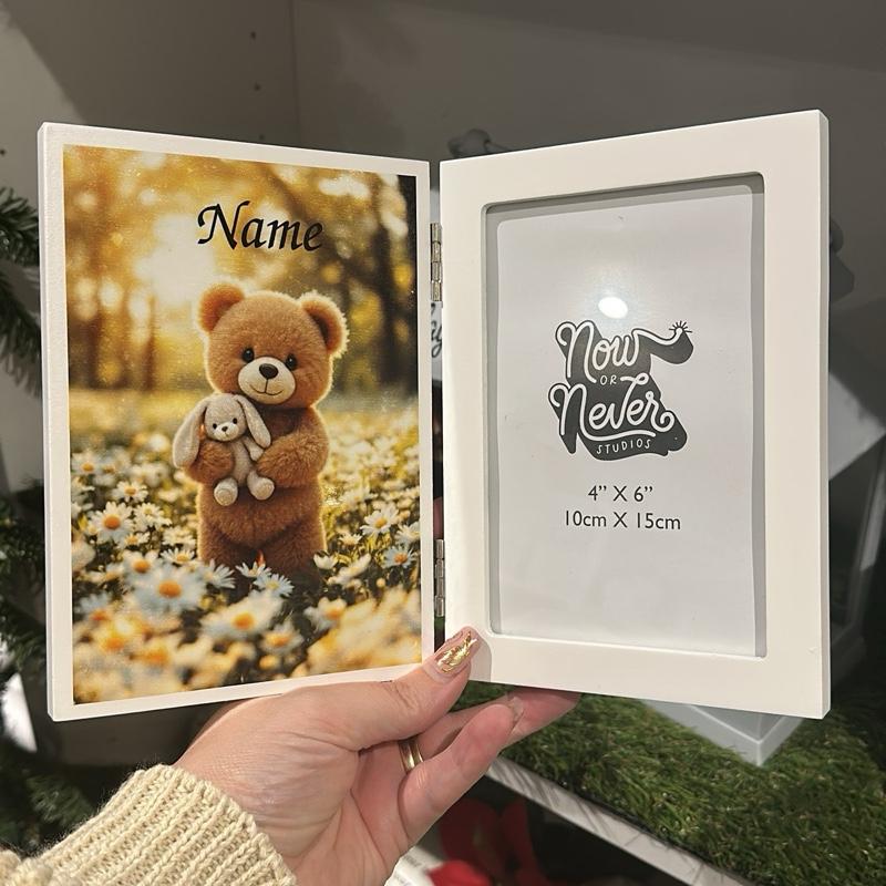 Teddy bear personalised hinged photo frame in white