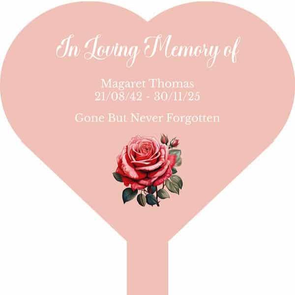 Personalised Rose In Loving Memory Heart Memorial Stake Various Colours Available