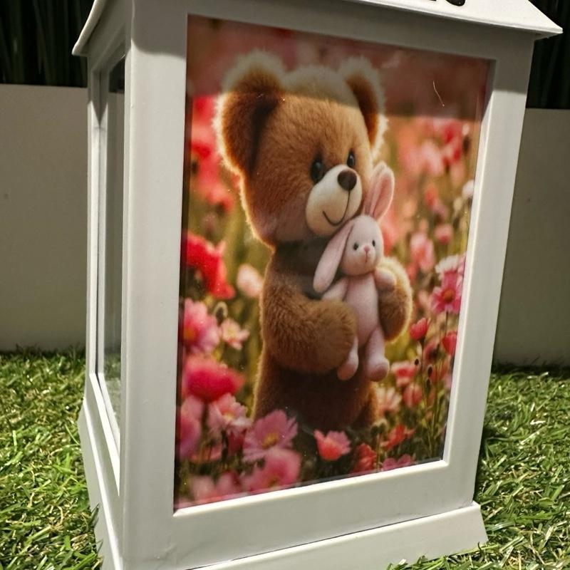Teddy & bunny memorial lantern with pink flowers - grey & black glitter lantern with build in 6 hour timer