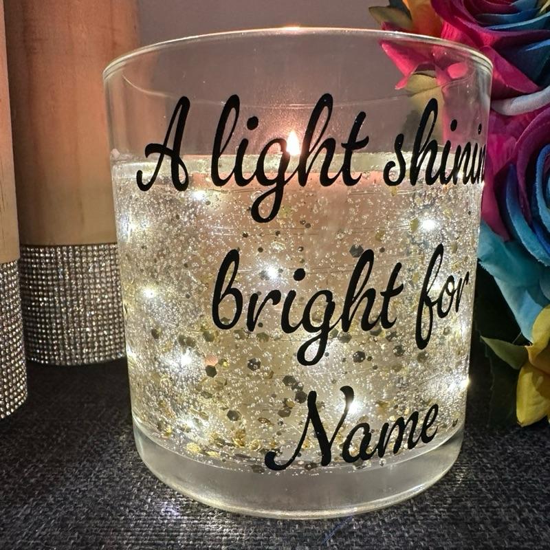Personalised - - Christmas tree & eucalyptus scented light up led candle with gold sparkle details