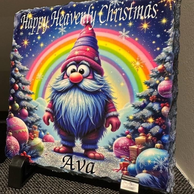 Personalised memorial Christmas rainbow gonk design outdoor slate with glitter