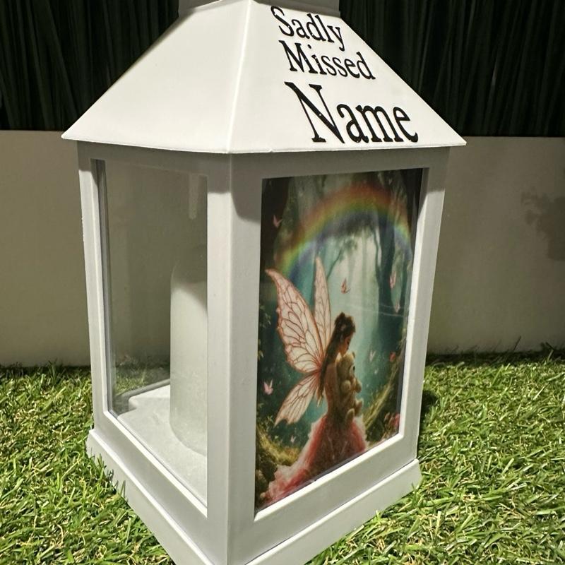 Personalised - fairy & rainbow design outdoor grey lantern with glitter detail & 6 hour timer