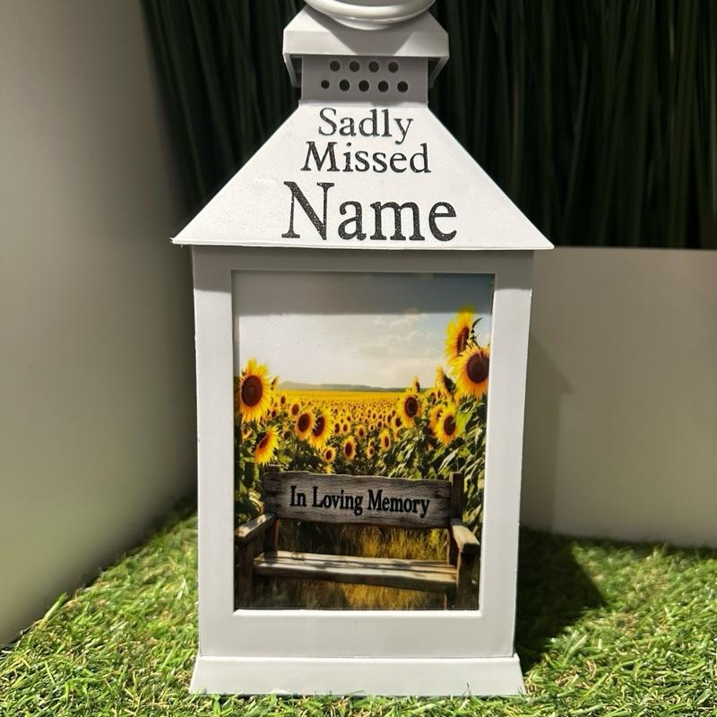 Personalised - Sunflower design outdoor grey lantern with glitter detail & 6 hour timer