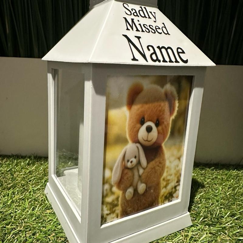 Teddy & bunny memorial lantern with white flowers - grey & black glitter lantern with build in 6 hour timer function
