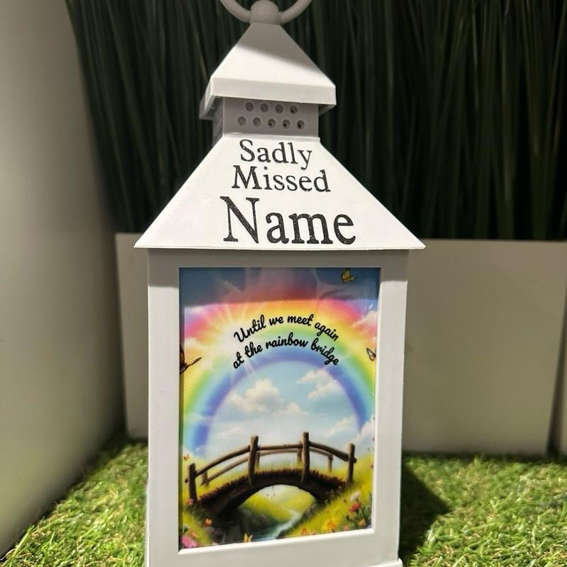 Personalised - Rainbow bridge memorial grey & glitter outdoor lantern with timer