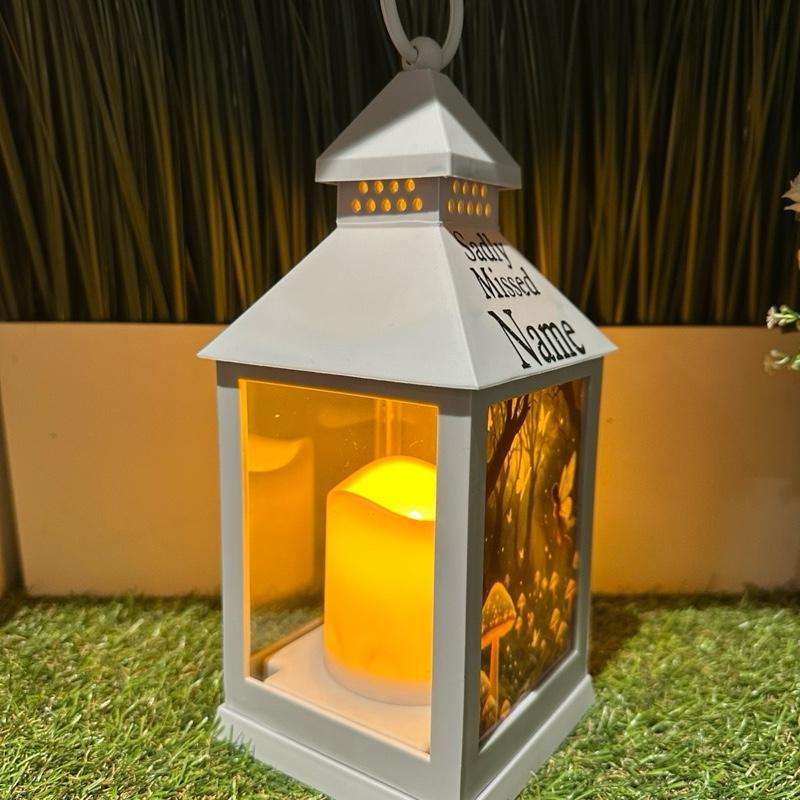 Personalised - enchanted firefly forest design outdoor grey lantern with glitter detail & 6 hour timer