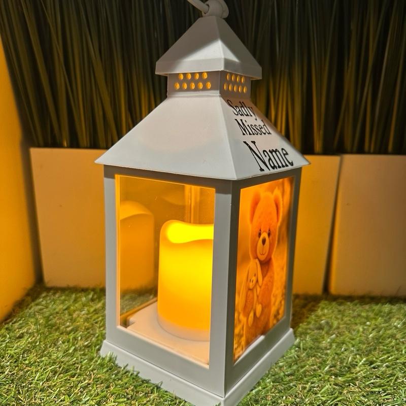 Teddy & bunny memorial lantern with white flowers - grey & black glitter lantern with build in 6 hour timer function