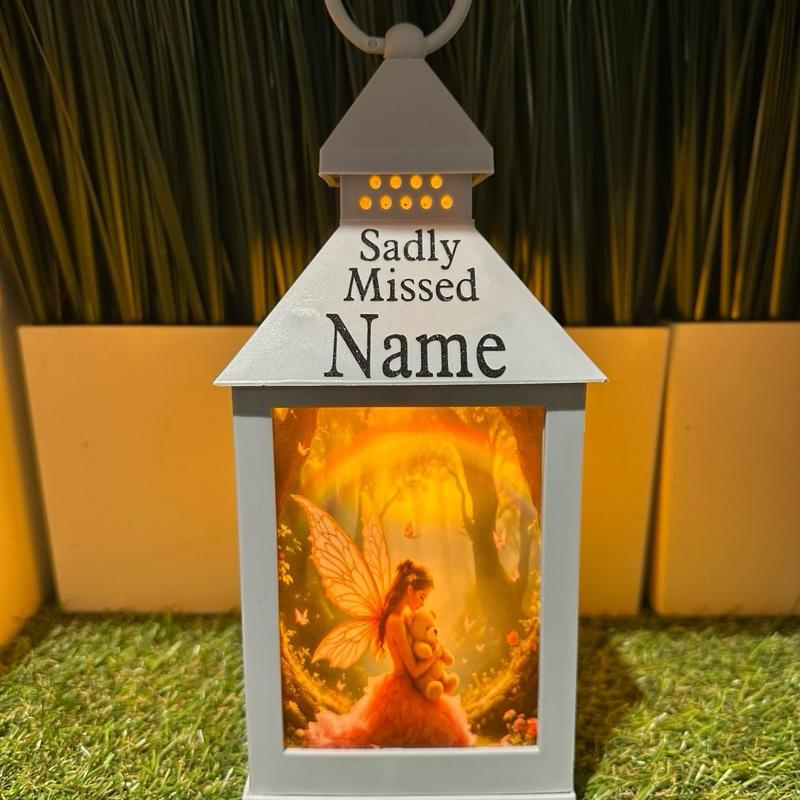 Personalised - fairy & rainbow design outdoor grey lantern with glitter detail & 6 hour timer