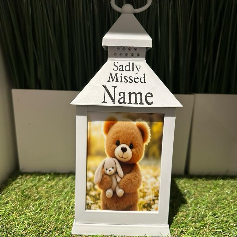 Teddy & bunny memorial lantern with white flowers - grey & black glitter lantern with build in 6 hour timer function