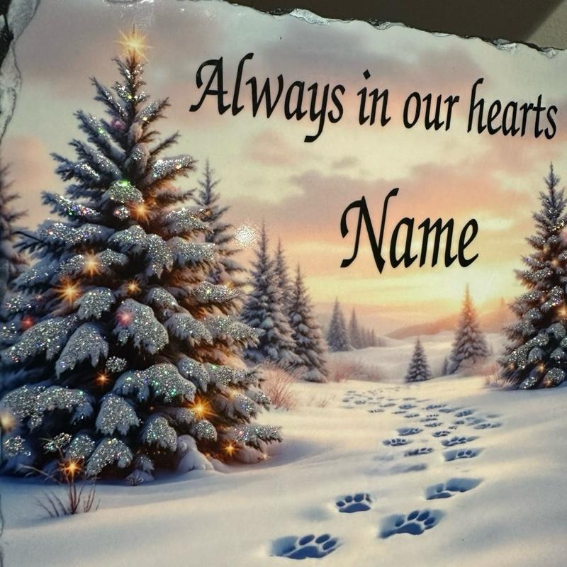 Personalised pet paw prints Christmas outdoor slate with glitter