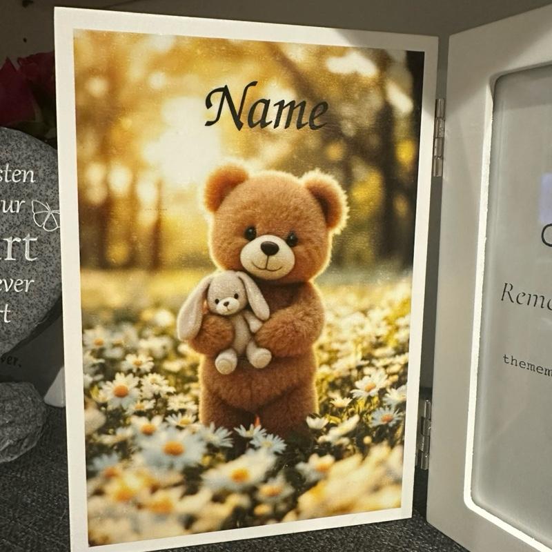 Teddy bear personalised hinged photo frame in white