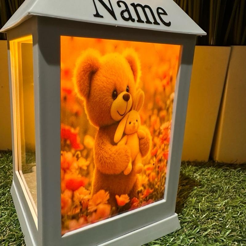 Teddy & bunny memorial lantern with pink flowers - grey & black glitter lantern with build in 6 hour timer