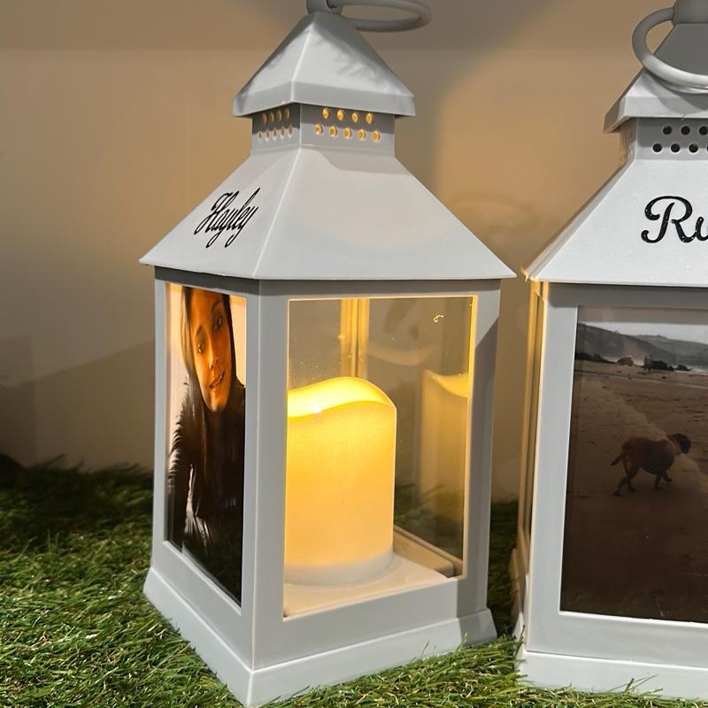 Photo personalised out door grey lantern with built in 6 timer