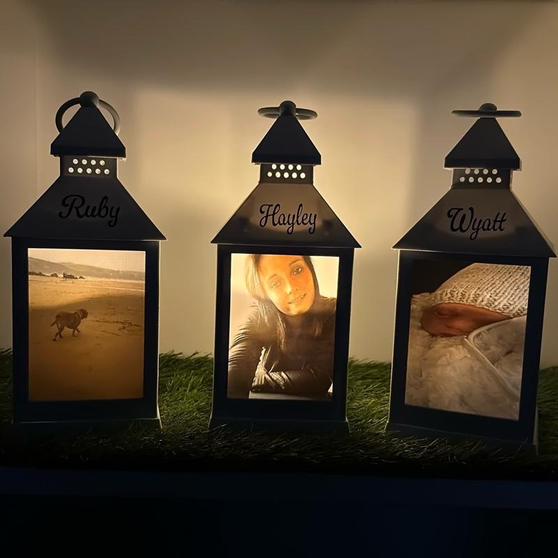 Photo personalised out door grey lantern with built in 6 timer
