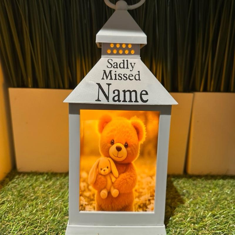 Teddy & bunny memorial lantern with white flowers - grey & black glitter lantern with build in 6 hour timer function