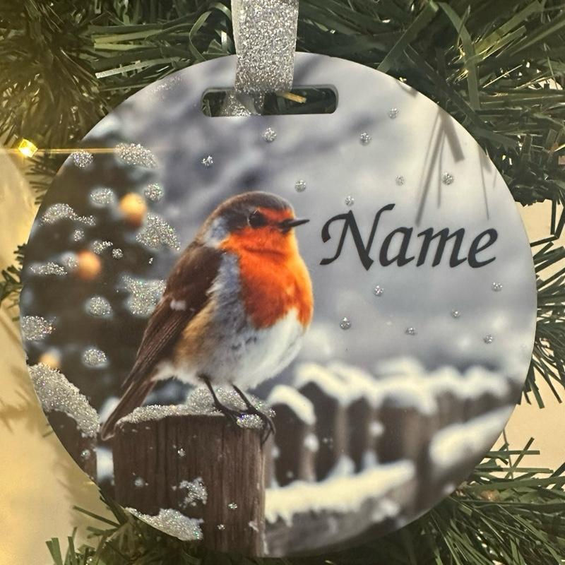 Robin on fence Christmas tree bauble acrylic glitter detail