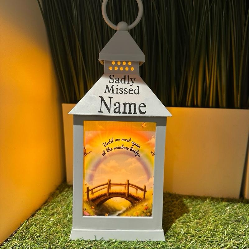 Personalised - Rainbow bridge memorial grey & glitter outdoor lantern with timer
