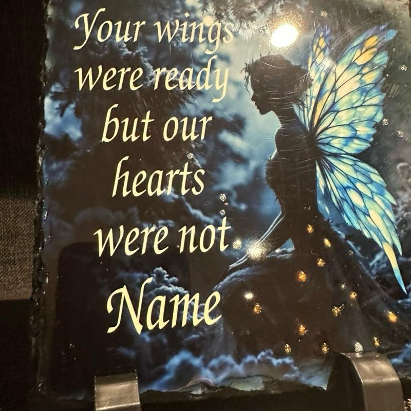 Personalised kneeling angel memorial slate with glitter detail indoor and outdoor