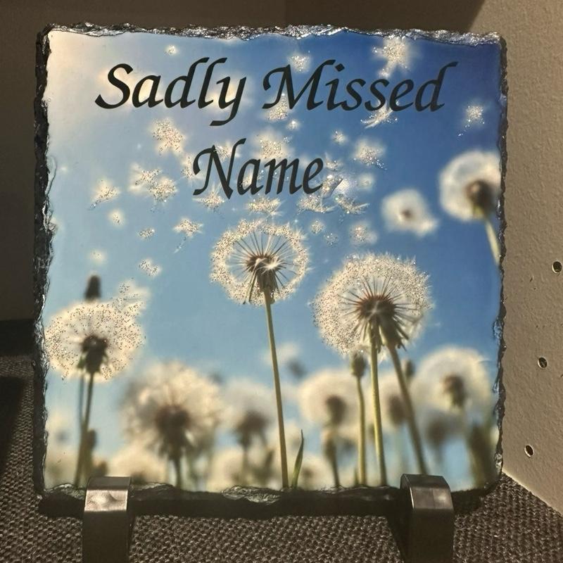 Personalised glitter dandelion memorial design outdoor slate with glitter detail