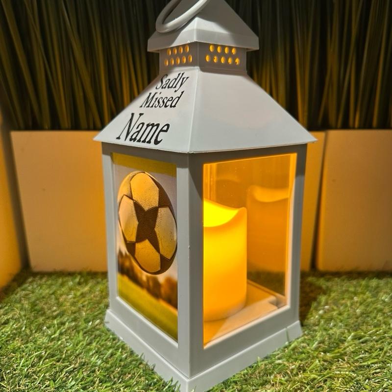 Personalised - football memorial outdoor lantern grey & black glitter detail with built in timer