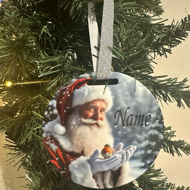 Santa & robin Christmas tree bauble acrylic glitter detail