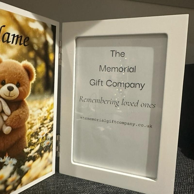 Teddy bear personalised hinged photo frame in white