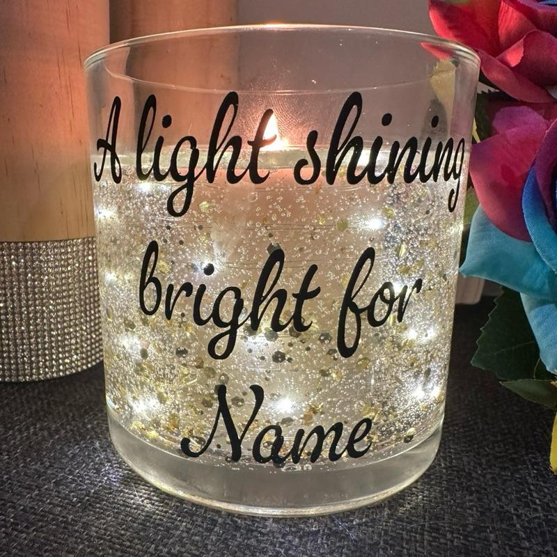 Personalised - - Christmas tree & eucalyptus scented light up led candle with gold sparkle details