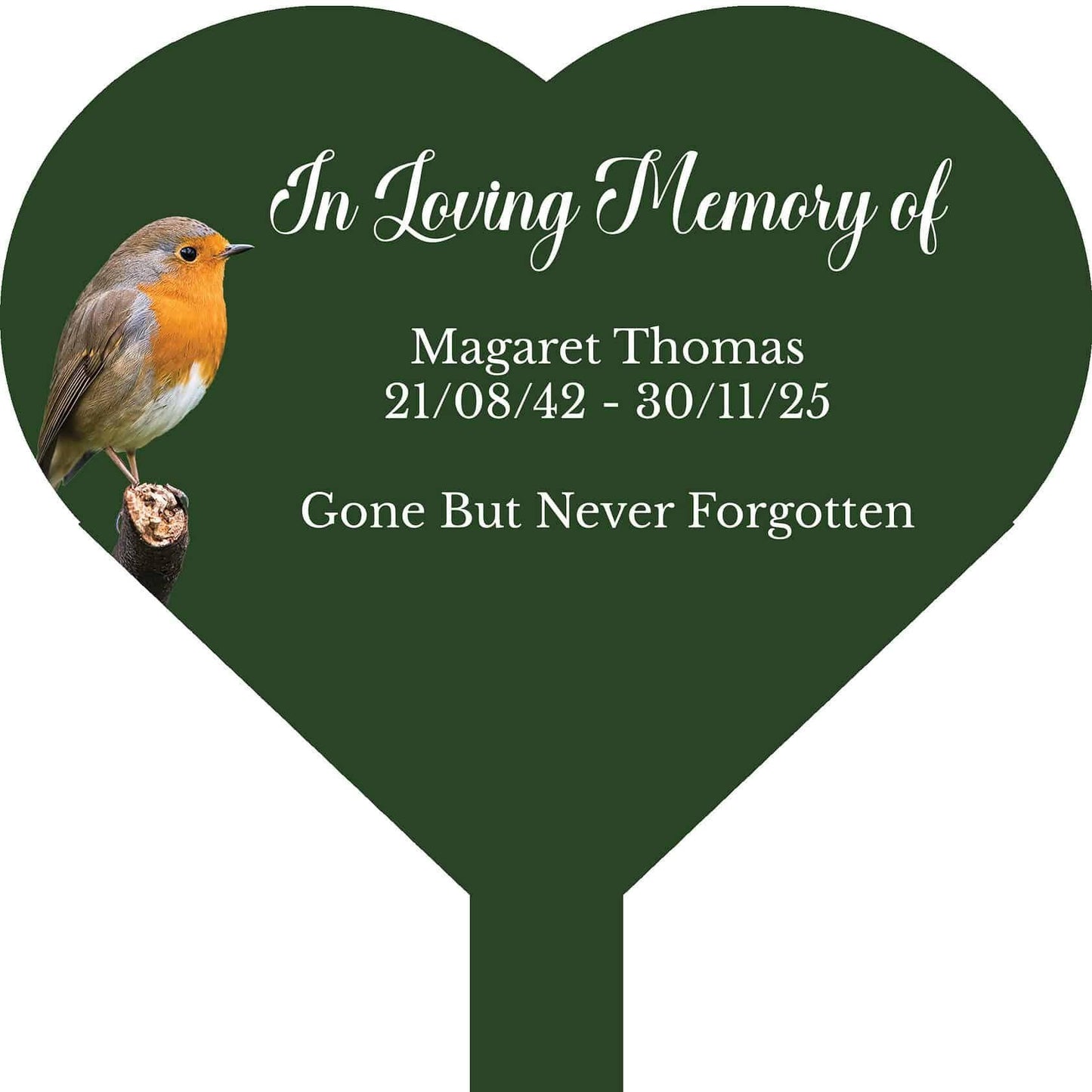 Personalised Robin In Loving Memory Heart Memorial Stake Various Colours Available