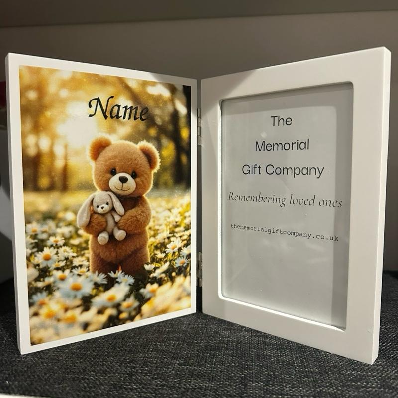 Teddy bear personalised hinged photo frame in white