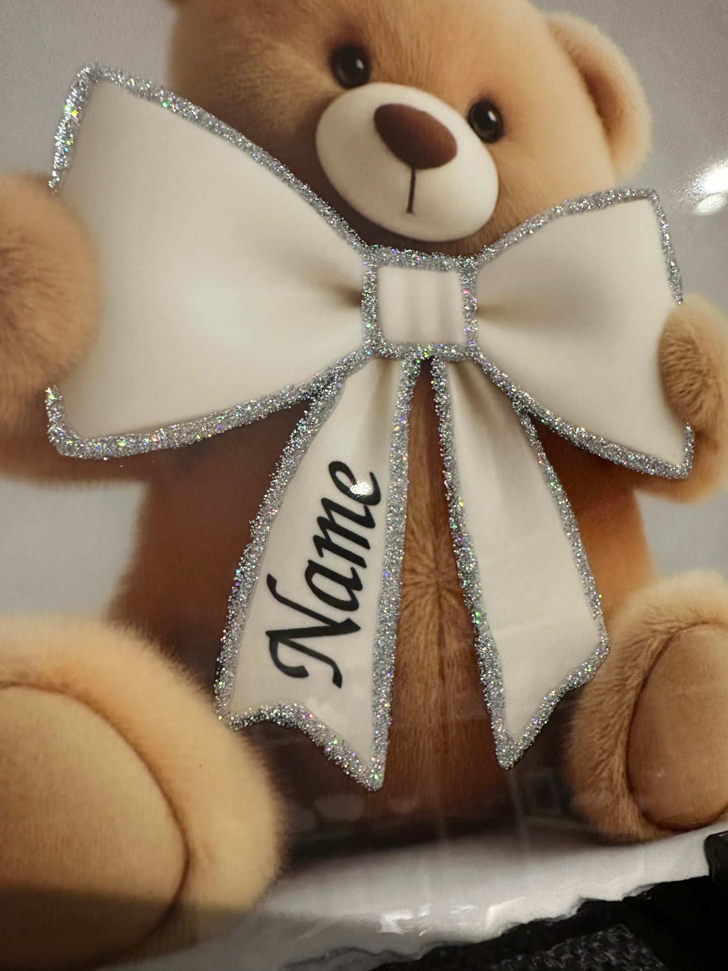 Personalised teddy bear bow design outdoor slate garden memorial - glitter bow detail option