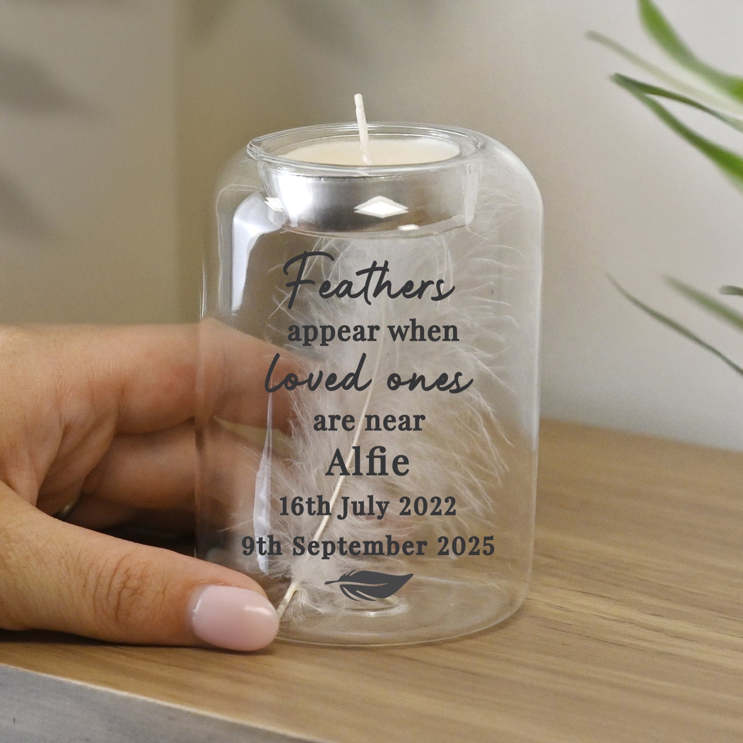 Personalised Loved Ones Memorial Feather Tealight Holder