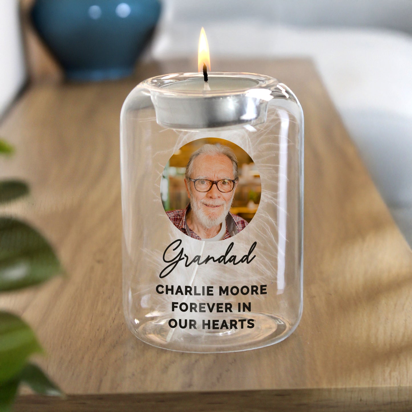 Personalised Photo Memorial Feather Tealight Holder