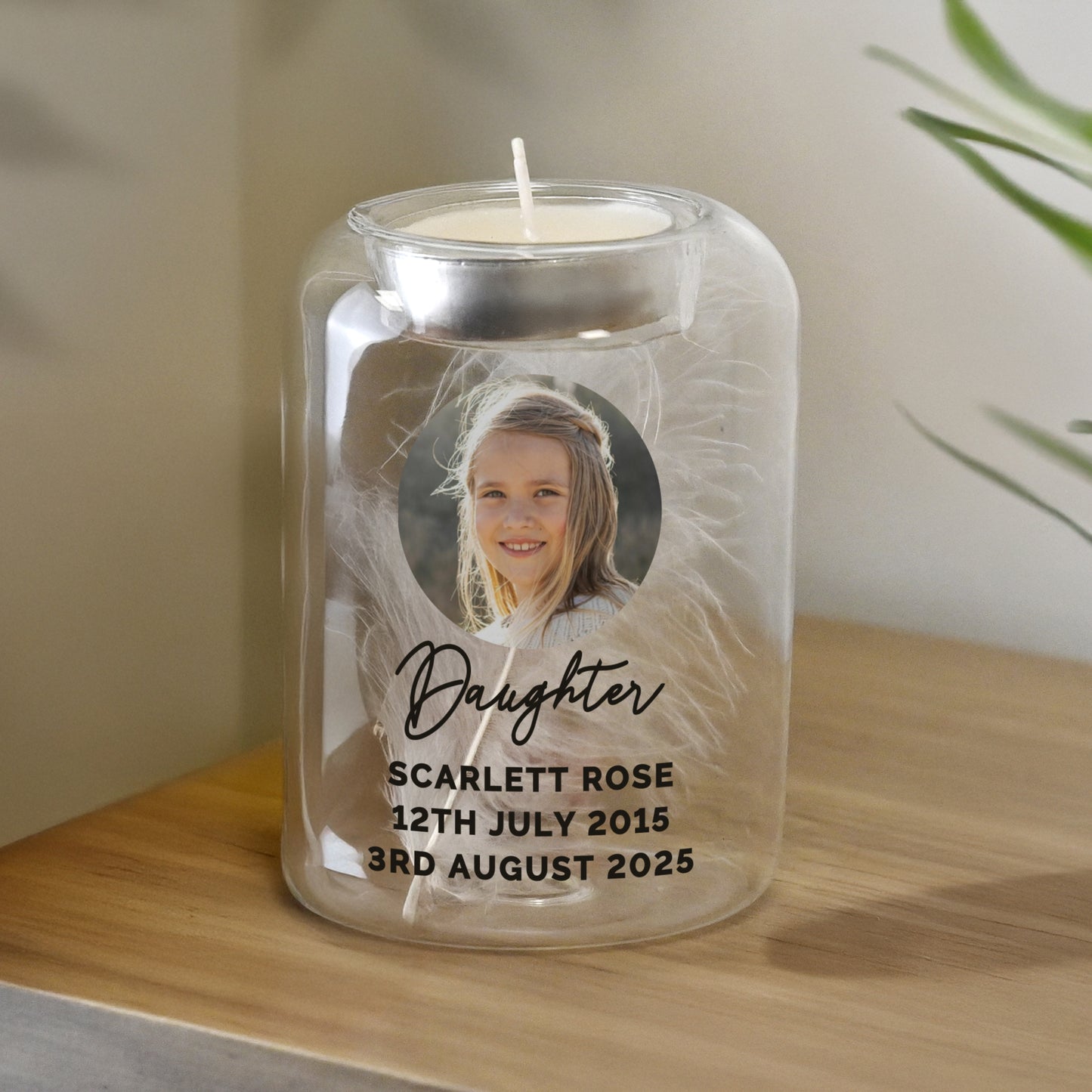 Personalised Photo Memorial Feather Tealight Holder