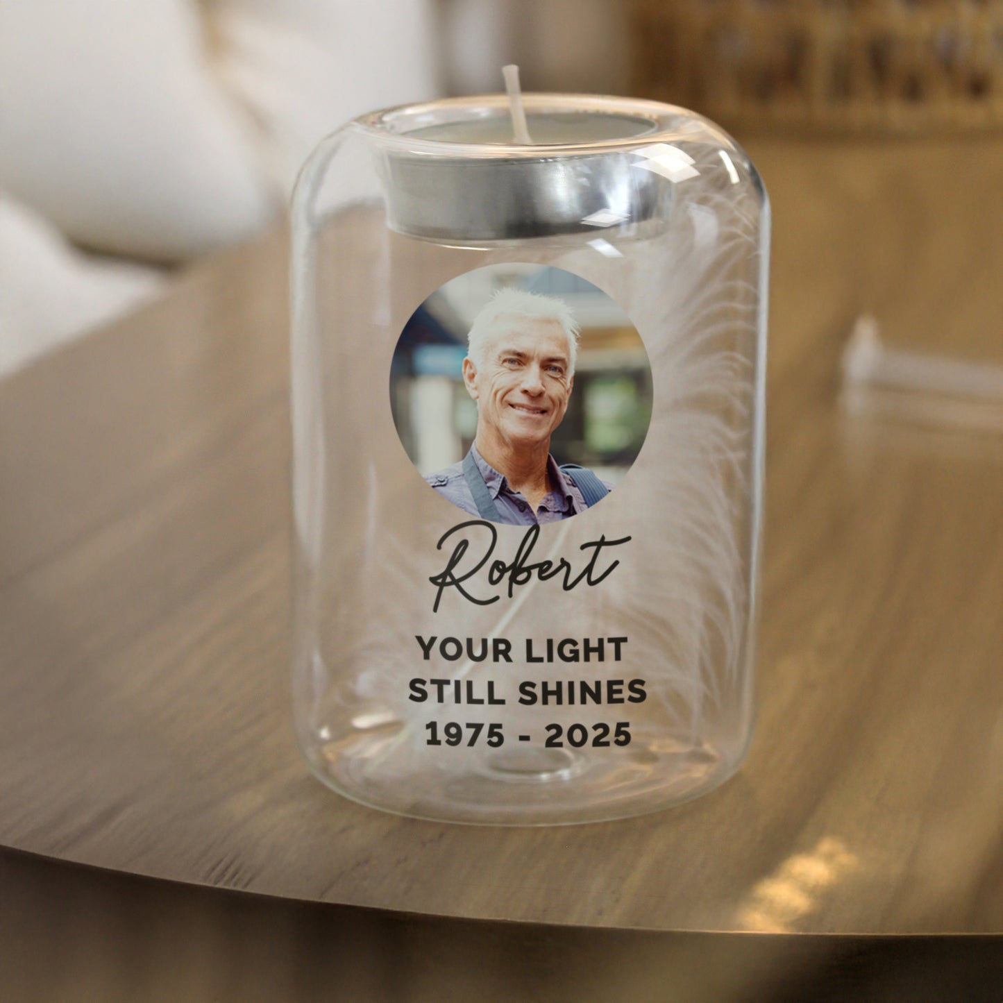 Personalised Photo Memorial Feather Tealight Holder