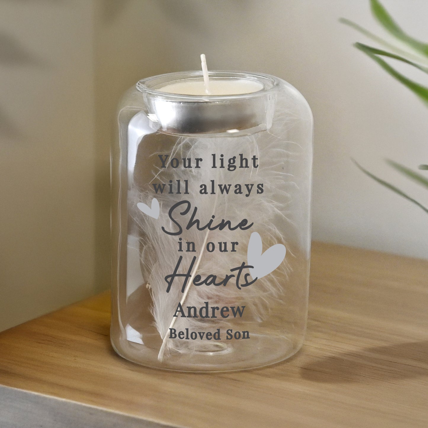 Personalised In Our Hearts Memorial Feather Tealight Holder