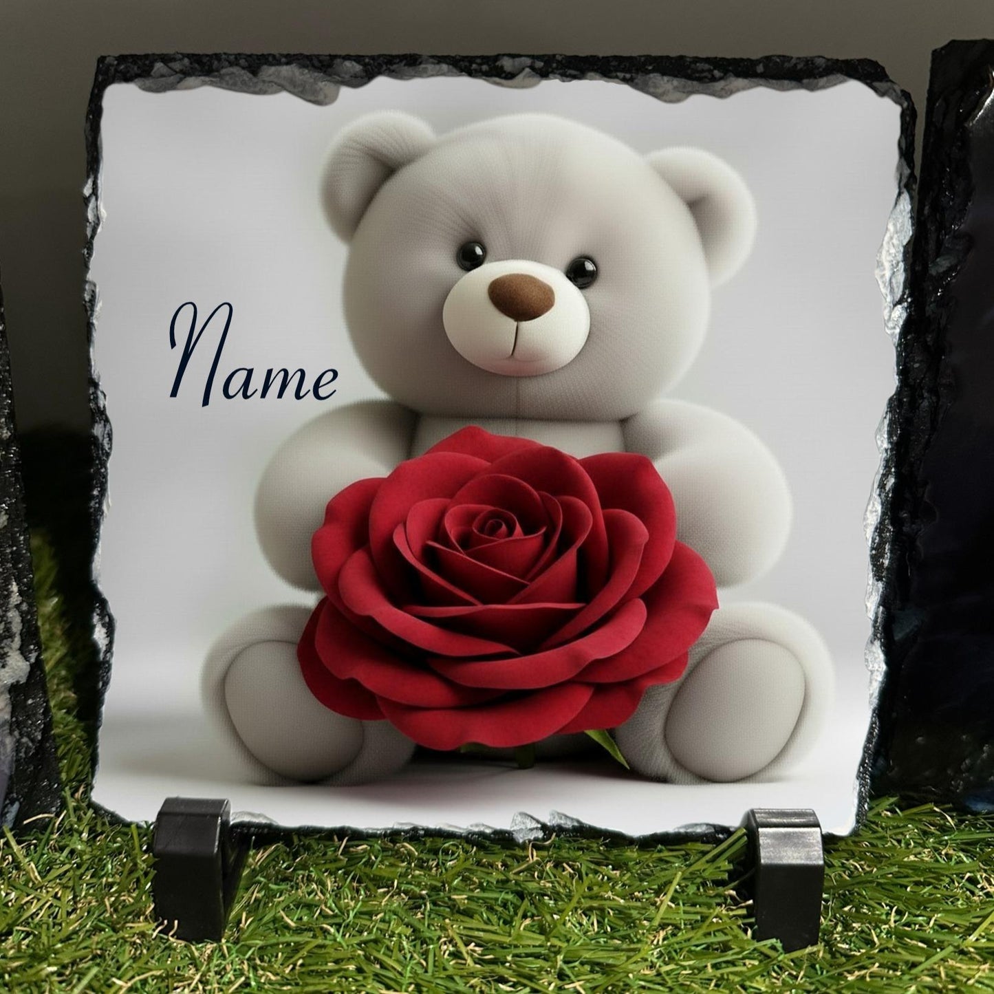 Personalised Grey teddy with red rose design outdoor or indoor slate