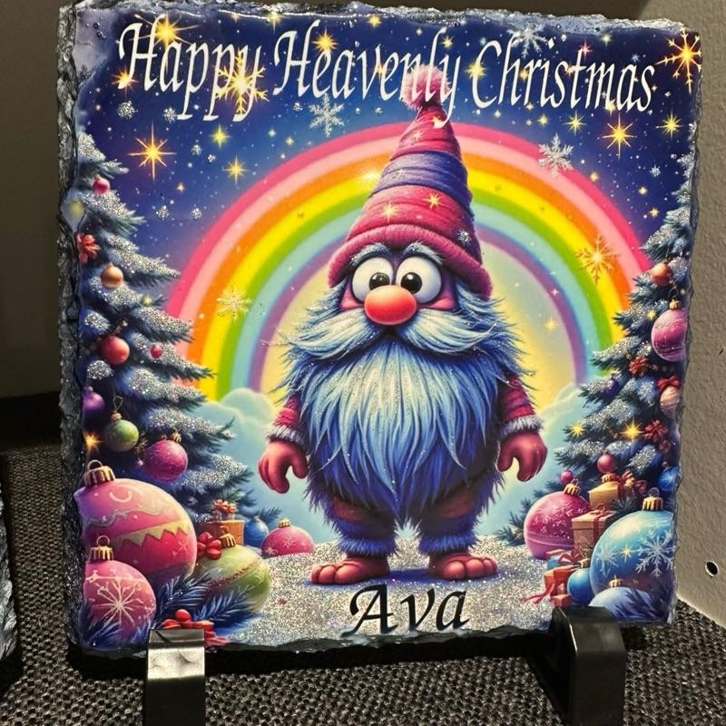 Personalised memorial Christmas rainbow gonk design outdoor slate with glitter