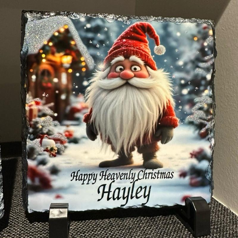 Personalised memorial Christmas santa gonk design outdoor slate with glitter