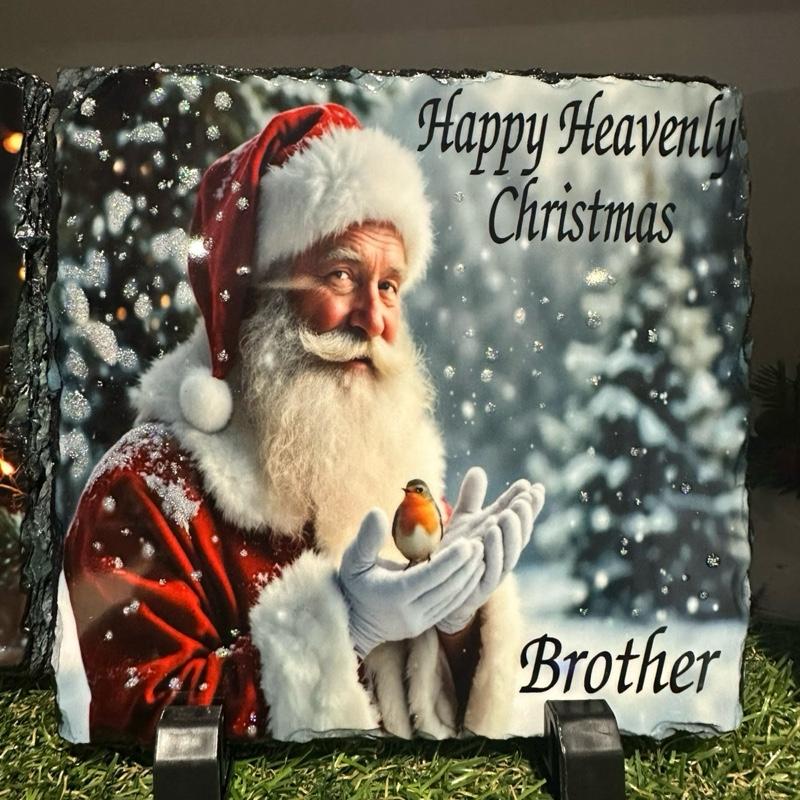 Personalised Santa & Robin memorial slate indoor and outdoor with glitter
