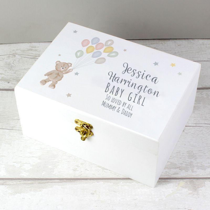 Personalised Teddy & Balloons White Wooden Keepsake/Ashes Box