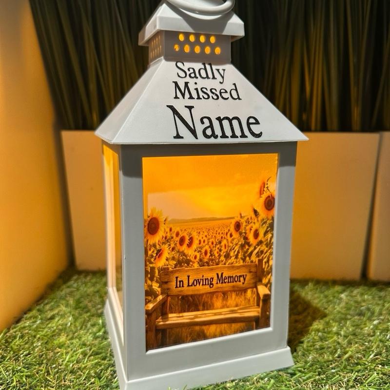 Personalised - Sunflower design outdoor grey lantern with glitter detail & 6 hour timer