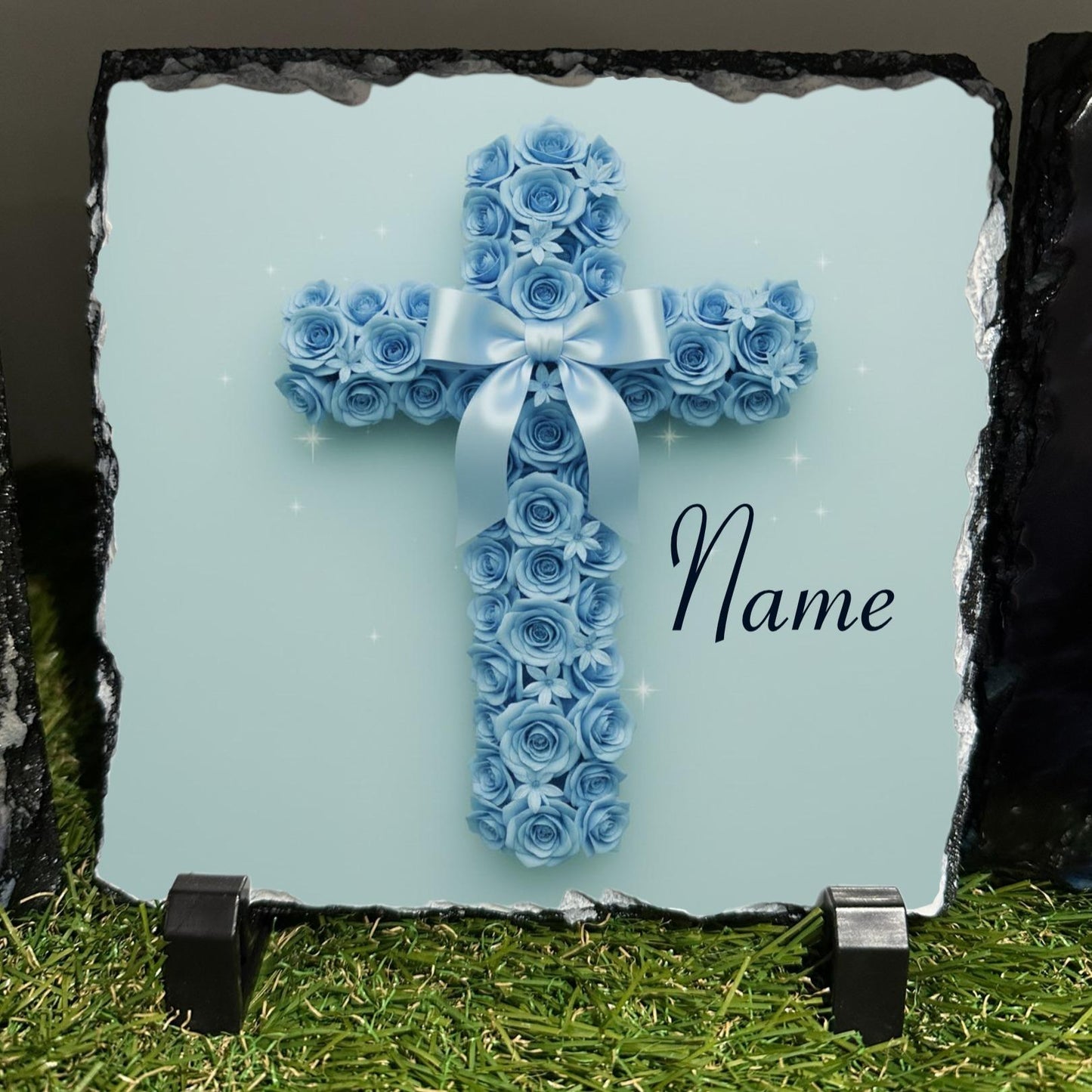 Personalised Blue rose Cross with bow design outdoor or indoor slate with crystal details
